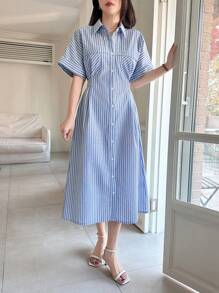 DAZY Women Striped Waistband Shirt Dress, Mid-Length Sundress,Casual Women Dresses