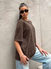 SHEIN EZwear Áo thun dệt kim dáng rộng cổ điển màu nâu dành cho nữ - màu nâu - Xem 4