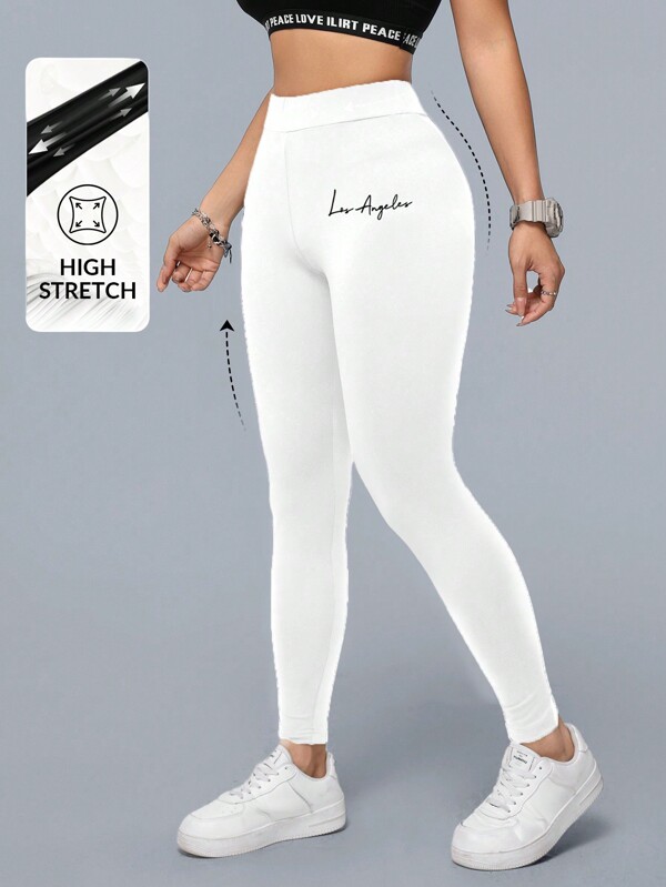 SHEIN Essnce Women's High Waist Letter Print Sports Leggings, Tight Fit Full Length Yoga Pants, Spring/Summer
