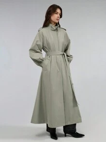 Ontre 2025 New Women Solid Color Front Button Long Sleeve Simple Casual Trench Coat, Commuter Coat, Spring, Retro - Khaki - View 2