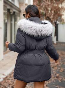 Calvaya Plus Size Front Zipper Long Sleeve Furry Patchwork Casual Hooded Coat, Winter Coat
