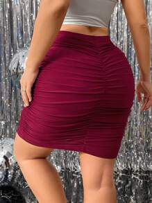 SHEIN Clasi 大码女式褶皱勃艮第紧身裙，优雅适合新年、情人节、感恩节、圣诞节、复活节、庆典和新年 - 紅色 - 查看 6