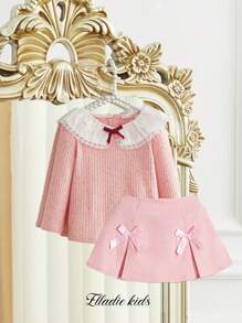 SHEIN Top de manga larga con cuello acanalado y lazo adornado para niñas bebé, estilo elegante y dulce, cálida y cómoda para primavera, otoño e invierno - Multicolor - Ver 8
