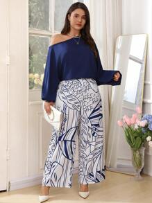 SHEIN Clasi Plus Size Asymmetric Neck Long Sleeve Top With Floral Print Long Pants Cooling Dress Stress Relief Outfit Evening Long Gown, Elegant Fashion Women Loungewear