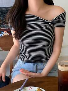 DAZY 女士露肩条纹短袖 T 恤，黑色，春夏 - 黑色 - 查看 6