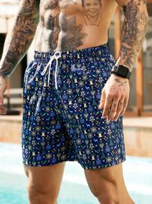 Manfinity KASUA Men's All-Over Print Drawstring Waist Casual Beach Shorts - Multicolor - View 6