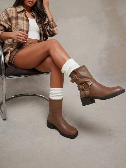 SHUZIA Women's Brown Chunky Moto Boots With Double Buckle Straps And Golden Hardware-Comfortable Square Toe,Everyday Styles New Year Holiday Valentines