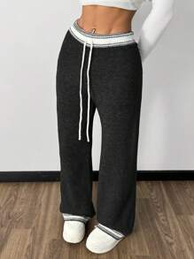 SHEIN Essnce 女士黑色撞色毛衣裤、保暖毛衣、宽松阔腿裤街头裤秋冬女、喇叭女裤、女牛仔裤、冬装、冬季女裤 - 黑色 - 查看 3