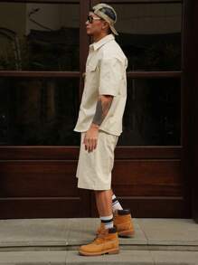 DAZY 2pcs/Set Men's Solid Color Casual Shorts & Short Sleeve Shirt Set - Grey - View 6