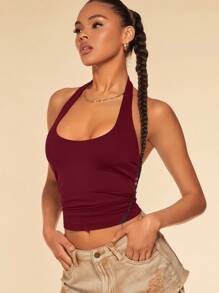 SHEIN BAE 女士纯色露背简约修身背心，日常休闲穿着 - 酒紅色 - 查看 4