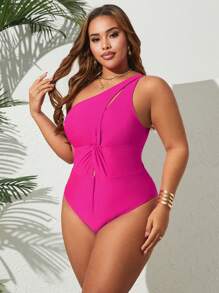 SHEIN Swim Curve 加大码连体纯色扭纹前镂空优雅休闲女式泳衣 - 玫紅色 - 查看 4