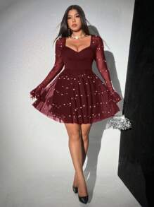 Viva Relle Rochie midi de petrecere cu mâneci clopot pentru femei de mărime mare - Burgundia - Vizualizare 3