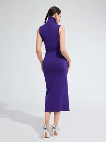 Modelyn Women's Solid Color High Neck Sleeveless Slim Fit Long Sweater Purple Dress - Purple - View 2