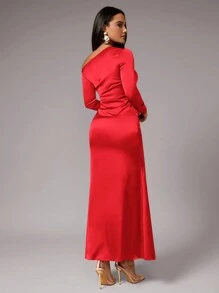Silquee Robe longue en satin bordeaux à épaules dénudées pour femme, manches longues, pour l'automne et l'hiver.Robe longue femme, pour l'automne et l'hiver, robe de soirée, de mariage, de demoiselle d'honneur, de sortie, d'Halloween, de Noël et de vacances. Robe longue avec décolleté bas et drapé. - Rouge - Voir 5