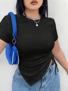 Coolane Plus Size Solid Color Asymmetrical Drawstring Short T-Shirt For Summer
