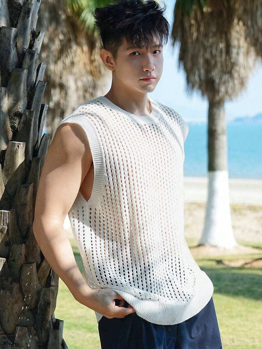 DAZY 男士度假沙滩透气网眼镂空上衣 - 米色 - 查看 1