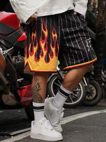 DAZY Men's Street Style Asymmetric Design Flame Pattern Shorts - Black - View 1