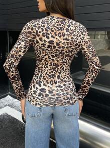 INAWLY Women's Casual Leopard Print Long Sleeve T-Shirt, Spring & Autumn Tee Cheetah Print Tees Women Tops For Spring Fall - Multicolor - View 2