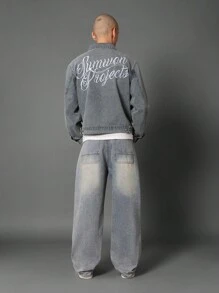 Sumwon Projects Script Logo Vintage Denim Jacket Streetwear Casual Workwear Trucker Style Button Front Outerwear - Light Wash - View 4