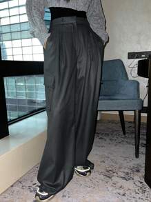 DAZY Pantalones largos sueltos con pliegues y bolsas para mujer - Gris - Ver 4