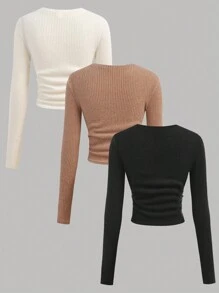 SHEIN Girlism 3 件套青少年女孩罗纹针织圆领腰部褶皱厚长袖打底 T 恤，冬季上衣，杏色、卡其色、黑色，买 1 送 2 - 彩色 - 查看 2