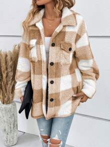 SHEIN LUNE 水牛格子印花落肩翻盖口袋毛绒大衣