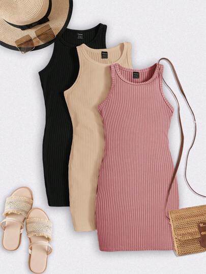SHEIN LUNE 3pcs Set Women Knit Solid Color Round Neck Sleeveless Fitted Casual Dress,Pastel Dresses For Women,Casual