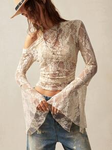 Bohemela 休闲纯色针织斜领喇叭袖修身短款女式上衣 - 白色 - 查看 4