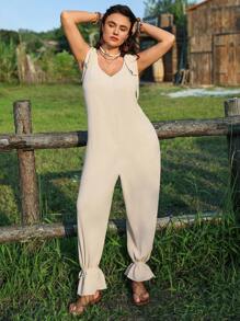 SHEIN LUNE Mono de Navidad con cuello en V, nudo, dobladillo con volantes para mujer de talla grande, vestido de refrigeración, atuendo de alivio del estrés, vestido largo de noche, ropa de estar en casa elegante y de moda