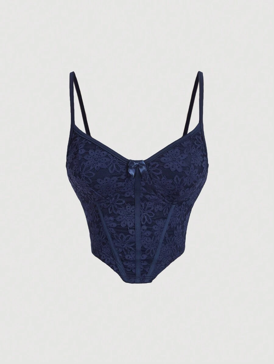 SHEIN MOD Navy Solid Asymmetrical Hem Lace Texture Bow Decoration Corset Structure Cami Top - Navy Blue - View 1