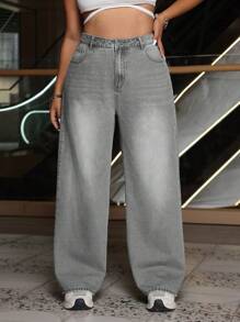 SHEIN EZwear Plus Size Women's Casual Washed Straight Leg Jeans - Grey - View 5