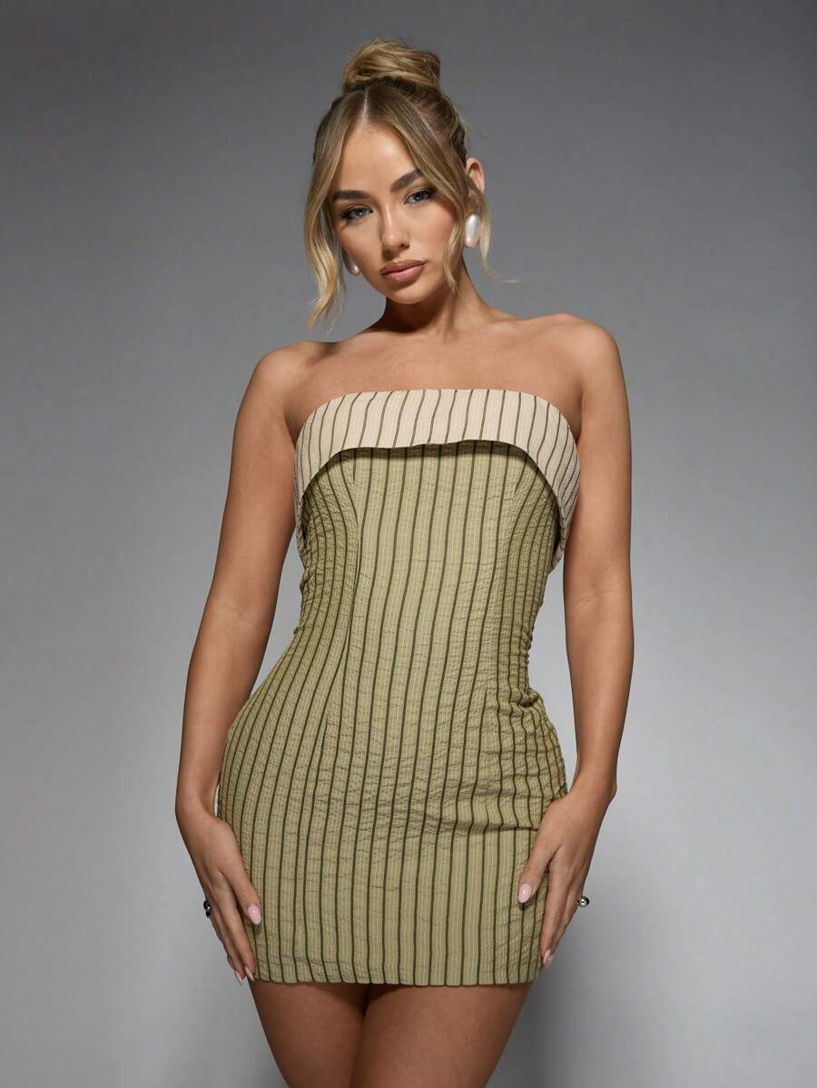 MISSGUIDED Ribbed Bandeau Mini Dress With Contrast Band Strapless Fitted Party Evening Clubwear Summer Spring Night Out - Multicolor - View 1