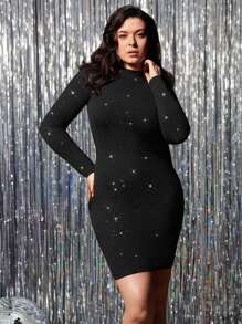SHEIN VCAY Plus Size Women Solid Color Shiny Elegant Fitted Mini Stand Collar Dress Valentine's Day Outfits Romantic