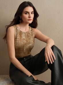 Anewsta Women Distressed Ribbed Crew Neck Tank Top - Brown - View 1