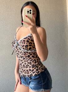 SHEIN Unity 休闲性感百搭修身印花蕾丝蝴蝶结女式吊带背心，秋冬款 - 彩色 - 查看 2