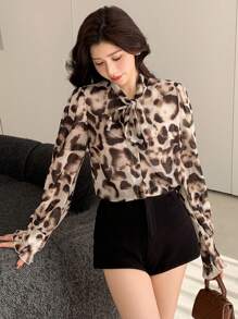 DAZY Spring New Arrivals Women Floral & Animal Print With Bowknot Loose Shirt Cheetah Print,Fall Clothes Leopard Print - Grey - View 6