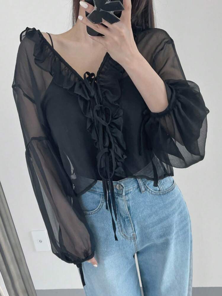 Women's Mesh Sheer Frill Trim Tie Front Lantern Sleeve Long Sleeve Blouse, Black, Spring/Summer,Fall Women Clothes
