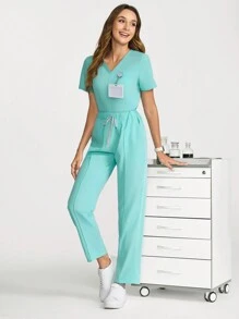 TaskEZ Solid Color Short Sleeve And Pants Scrub Uniform Set - Green - View 6