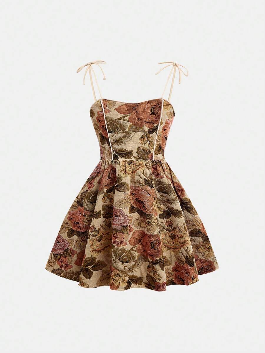 SHEIN Girlism Tween Girls Casual Ditsy Floral Cami Dress, Party Dress - Khaki - View 1