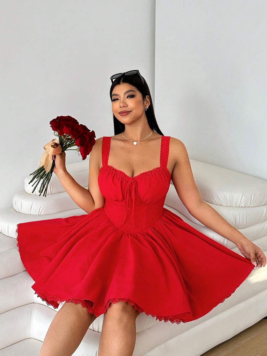 Solflare Plus Size Solid Color Wide Strap Tie Front Crop Casual Red Dress, For Valentine's Day,Spring Summer Clothes