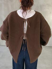 FRIFUL Women Plain Front Tie Long Sleeve Simple Jacket, Casual Daily Wear - Brown - View 5