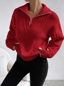 SHEIN EZwear Casual Solid Color Drop Shoulder Loose Knit Red Sweater, Autumn/Winter