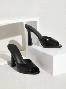 SHUZIA 女士鱼头粗跟日常性感优雅 PU 黑色高跟凉鞋 - 黑色 - 查看 2