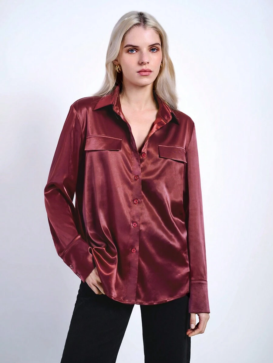 New shein wine red silky blouse neck tied... L main image 1