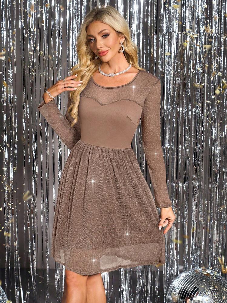 SHEIN Clasi Đầm mini tay dài lấp lánh màu trơn cho nữ dự tiệc, phong cách tối giản giản dị để mặc hàng ngày - màu nâu - Xem 3