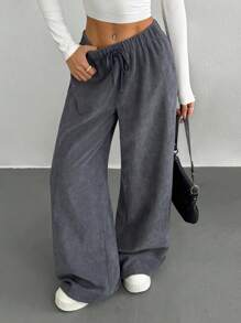 Muchica 灰色灯芯绒阔腿裤，纯色休闲时尚，适合日常穿着