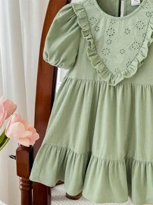 SHEIN LMoss Kids LMoss 女婴夏季可爱度假绿色荷叶边短袖连衣裙 - 綠色 - 查看 2