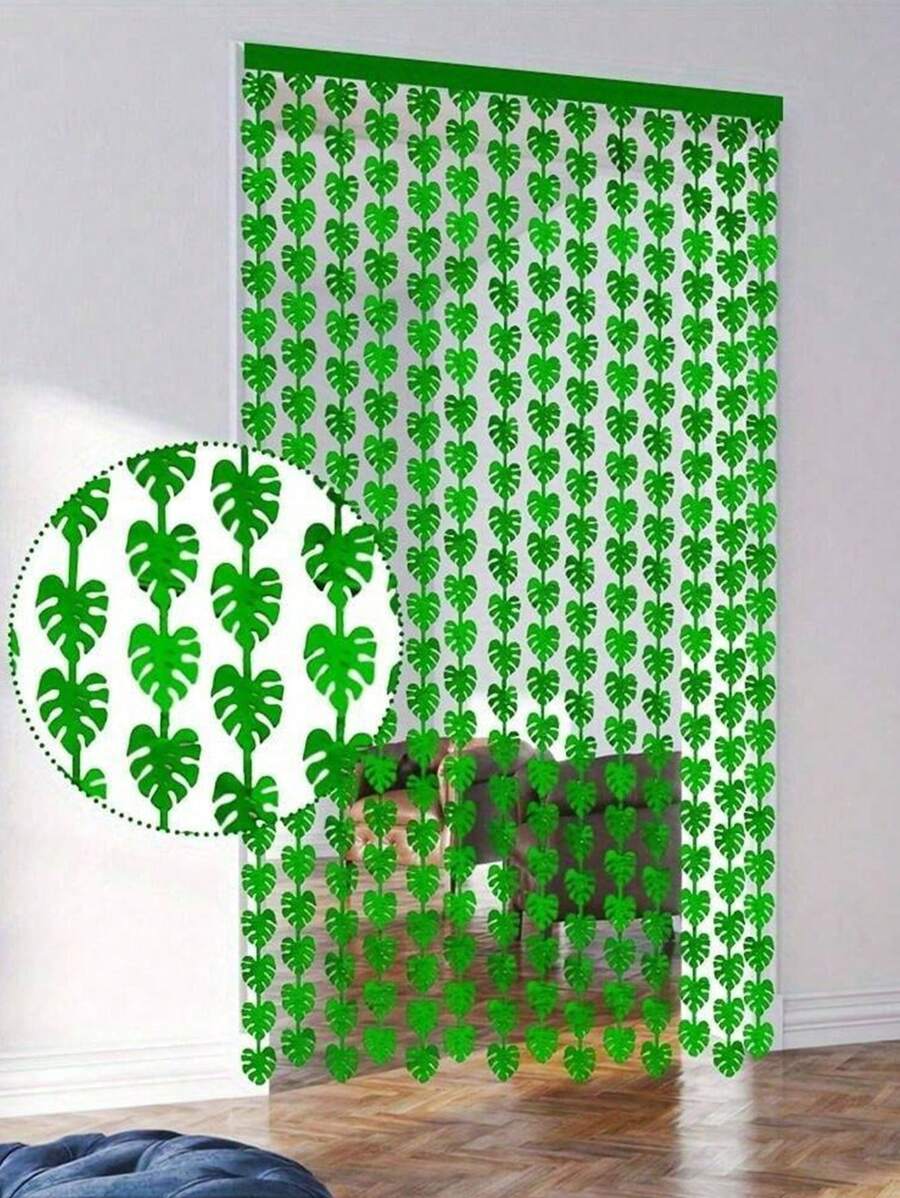 夏威夷热带派对装饰绿色棕榈叶花环 3.3X6.6 英尺铝箔流苏窗帘背景热带棕榈叶铝箔流苏横幅适合野性生日、夏威夷宴会和丛林恐龙派对，非常适合夏季海滩和泳池派对，夏威夷 - 綠色 - 查看 1