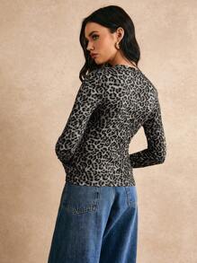 Poéselle Women's Round Neck Long Sleeve Leopard Print Casual T-Shirt