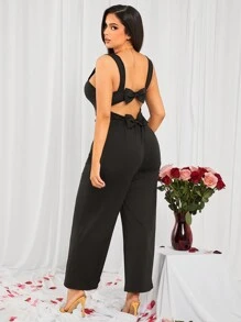 SHEIN SXY Mono negro de tiras anchas, sin espalda y decorado con lazos, para mujer talla grande, apto para uso diario, cita, cumpleaños, despedida de soltera, fiesta, baile de graduación, cita en pareja, elegante, casual, compras, uso diario, al aire libre, coqueto, fácil de combinar y estilizador, resalta tu figura, favorece tu silueta